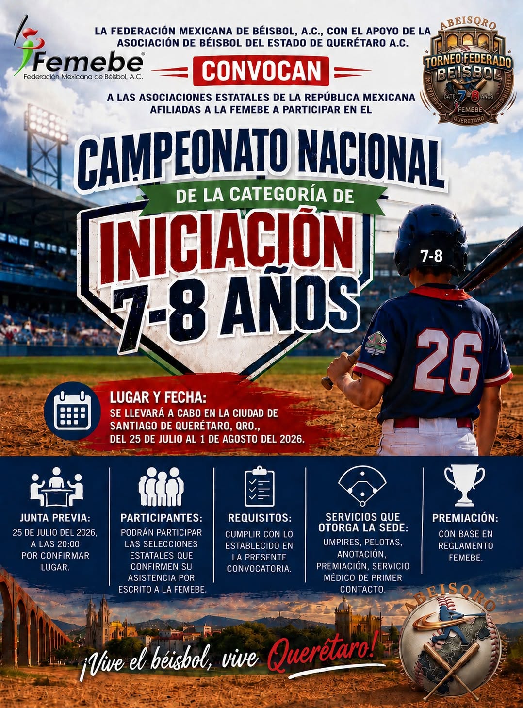 Querétaro será sede del Campeonato Nacional de Iniciación 7-8 Años FEMEBE 2026
